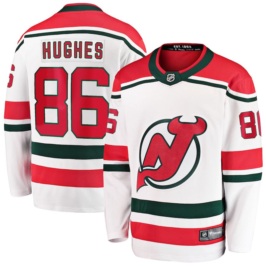 Men New Jersey Devils #86 Jack Hughes Fanatics Branded White 2022-23 Heritage Premier Breakaway NHL Jersey